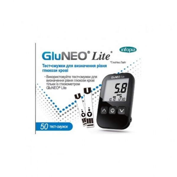 ТЕСТ смужки контролю рівня глюкози в крові GLUNEO LITE для самотестування упаковка, 50 визначень