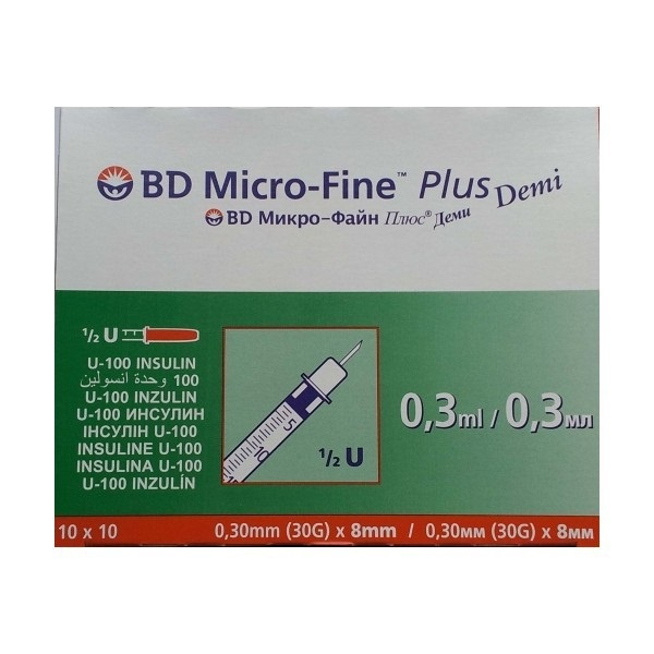 ШПРИЦ інсуліновий одноразовий BD MICRO-FINE plus DEMI U-100 0,3мл 0,3*8мм №10