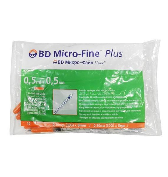 ШПРИЦ інсуліновий одноразовий BD MICRO-FINE plus U-100 0,5мл голка 0,33х12,7мм №10