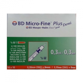 ШПРИЦ інсуліновий одноразовий BD MICRO-FINE plus DEMI U-100 0,3мл 0,3*8мм №10