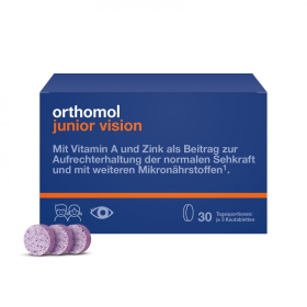 ОРТОМОЛ Orthomol Junior Vision жевательные таблетки со вкусом черники-персика курс 30 дней